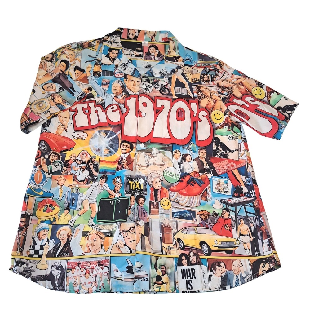 The 1970s Pop Culture Collage Graphic Button Down Shirt Mens Medium Multicolor